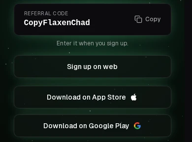 Fragment strony zaproszenia pump.fun: pole z kodem CopyFlaxenChad i przyciski pobrania z App Store i Google Play